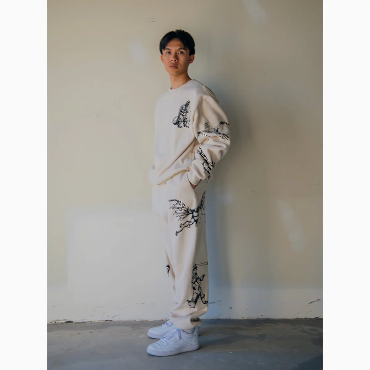 Godzilla Kaiju Print Sweatpants - Cream - Image 5